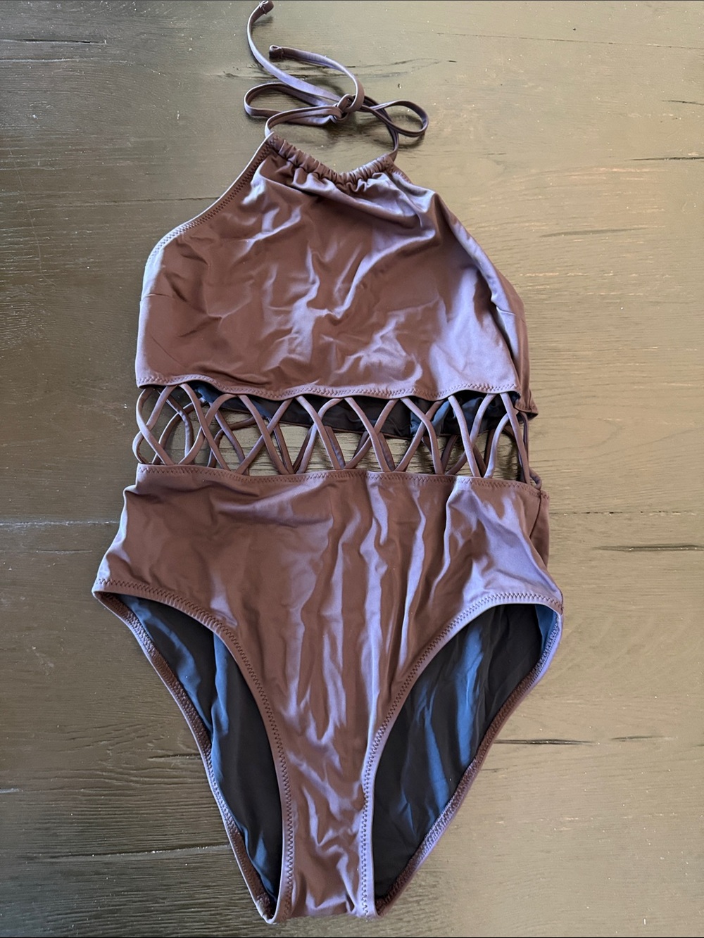 High-Neck One-Piece Swimsuit with cute cutout at waist - chocolate brown